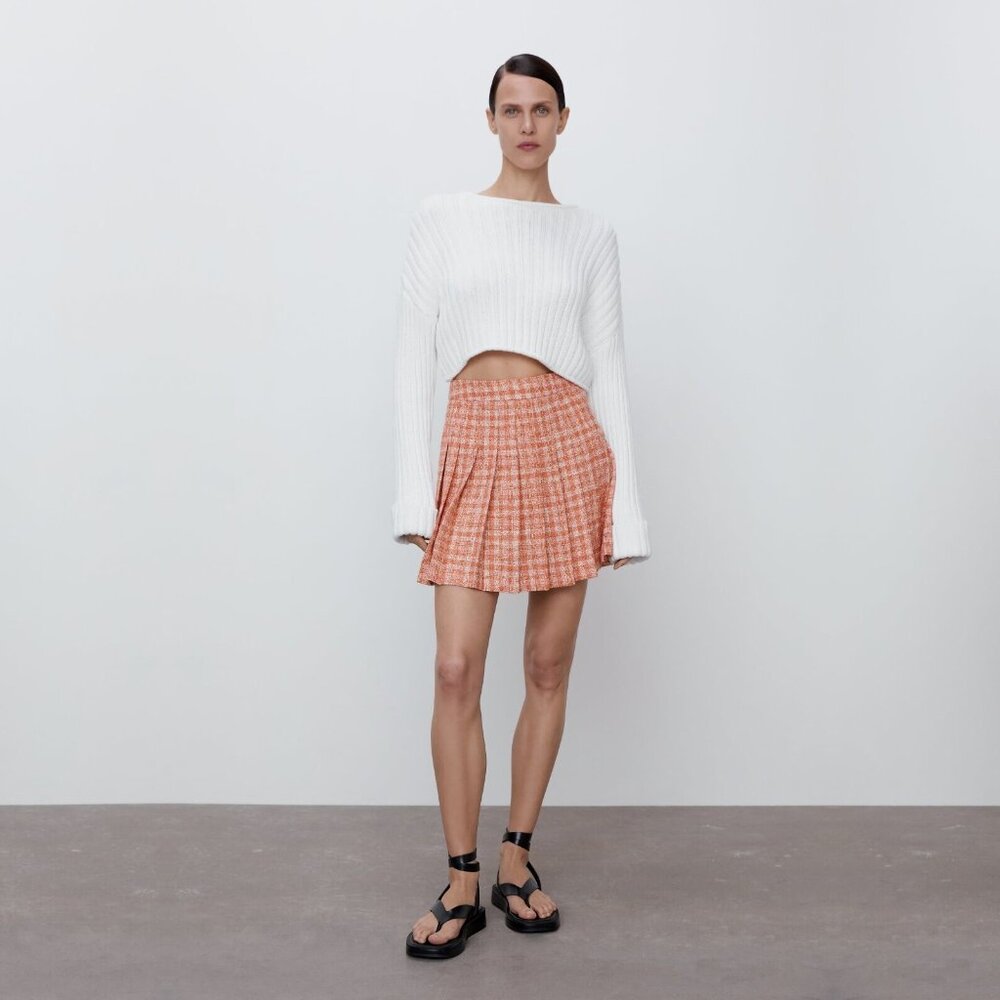 🎈HOST P 🎈 NEW ZARA Tweed Pleated Structured Mini High Waist Plaid Skirt, XXL - Picture 8 of 16
